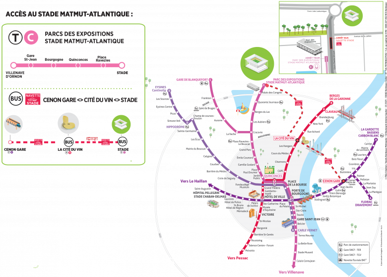 Le plan des transports au commun pour se rendre au Matmut ATLANTIQUE (avril 2023)