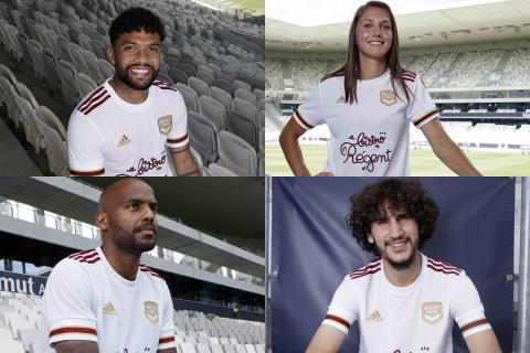 Otavio, Eve Perisset, Jimmy Briand et Yacine Adli posent avec le maillot away Adidas (saison 2020/2021)