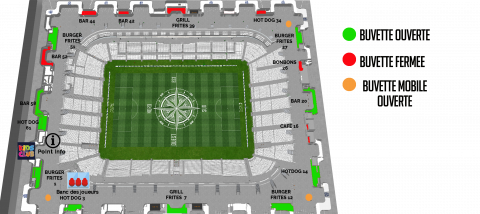 Plan des buvettes au Matmut ATLANTIQUE pour Bordeaux-Bastia (avril 2023)